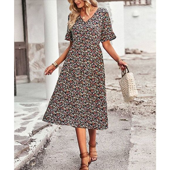 Elings Navy Floral Ruffle V-Neck Puff-Sleeve Midi Dress Size Large - Picture 1 of 6